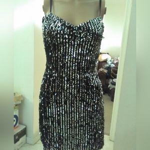 BNWOT LADIES 100% SILVER SEQUINED MINI DRESS BLACK BASE SZ. MED BY XIAOQ STUDIO
